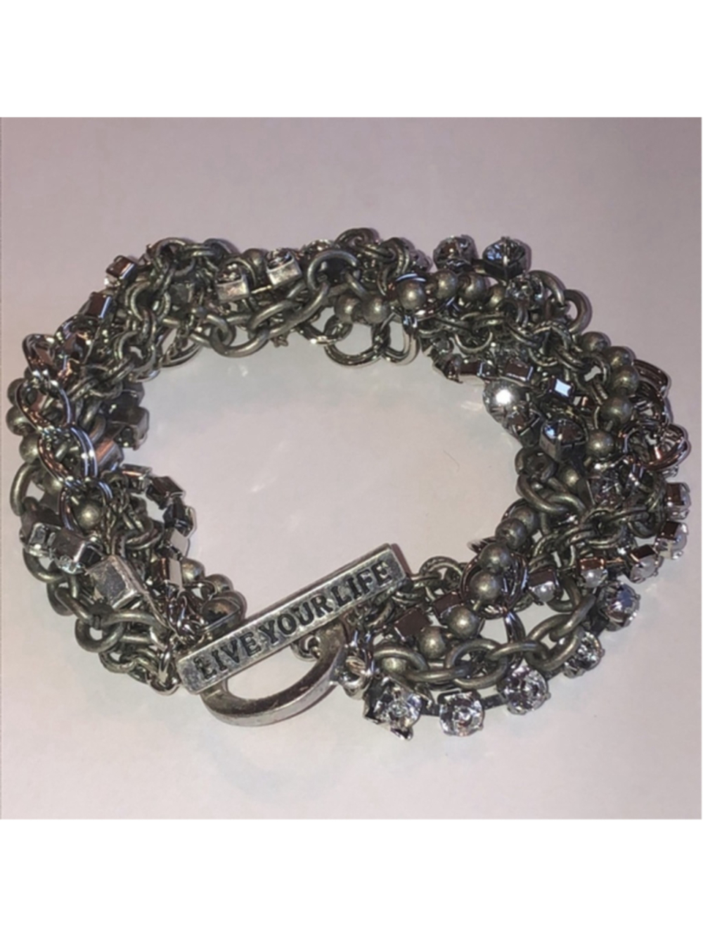 American Eagle Aged Silver Tone Boho CZ Rhinestones Multi Strand Bracelet